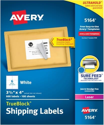 Avery Printable Shipping Labels with Sure Feed,3-1/3" x 4",White,600 Blank Mailing Labels for Laser Printers (5164),(Pack of 5) by Avery