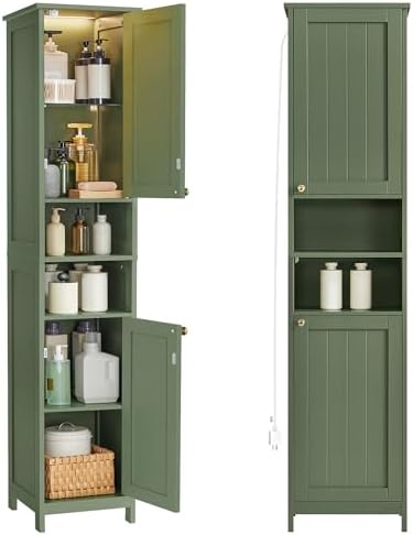 VASAGLE Tall Storage Cabinet with Lights, Slim, 15.7" W, Forest Green by VASAGLEbySONGMICSHOME
