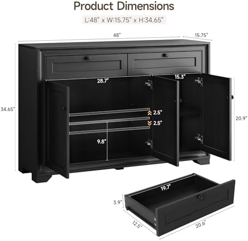 ONBRILL 48 Inches Sideboard Buffet Cabinet with Storage, Black - Image 2