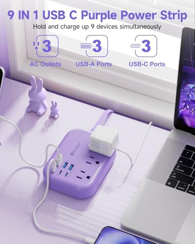 6 USB (3 USB C) Purple Travel Power Strip, 5Ft Extension Cord, 3 Outlets - Image 2