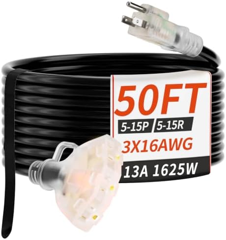 PlugSaf 50 FT 16/3 Outdoor Extension Cord with Multiple Outlets Black by PlugSaf