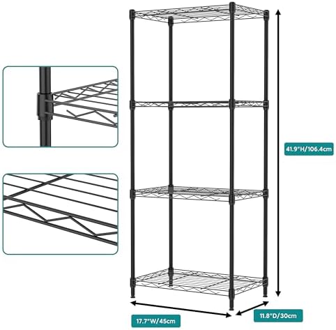 IZEUK 4 Tier Metal Wire Shelf Unit, Black Storage Rack Organizer for Kitchen, Bedroom, Living Room or Laundry Room, 17.7" W x 11.8" D x 41.9" H - Image 3