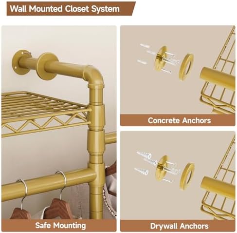ComfyCorner Wall Mounted Garment Rack, Industrial Pipe Clothing Rack Gold - Image 7