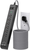 Surge Protector Power Strip 25FT, 10-in-1 with 6 AC Outlets 4 USB Ports(2 USB-C), Ultra Flat Plug Braided Extension Cord, Wall Mountable, 1080J Surge Protection, ETL Listed, Black by Mifaso