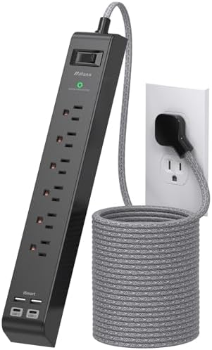 Surge Protector Power Strip 25FT, 10-in-1 with 6 AC Outlets 4 USB Ports(2 USB-C), Ultra Flat Plug Braided Extension Cord, Wall Mountable, 1080J Surge Protection, ETL Listed, Black by Mifaso