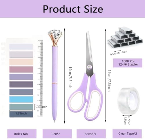 Office Supplies,Purple Desk Accessories,Office Supplies Set,Desk Organizer,Stapler,Tape Dispenser,Scissors,Staple Remover,Binder Clips,Staples,Ballpoint Pen,Index Tabs with Ruler,Clear Tape.10pcs - Image 6