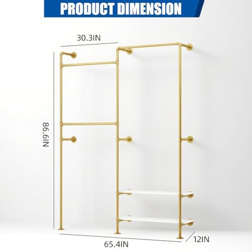 KaKaBB Gold Pipe Clothing Rack, Double Hanging Rods Clothes Rack with Shelves, Heavy Duty Wall Mounted Clothes Rack for Wardrobe, Bedroom, and Walk-in Closet System(Gold) - Image 2