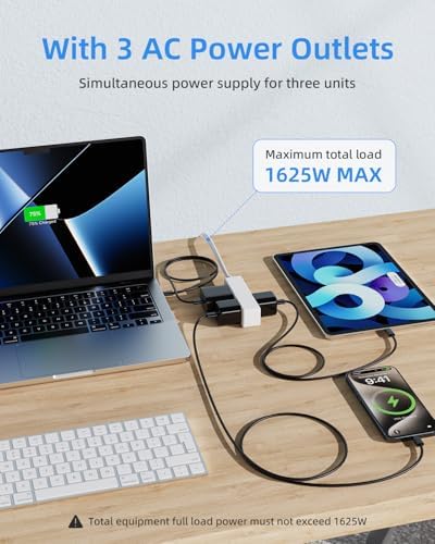 Flat Plug Extension Cord with 3 Outlets - 6 ft White Low Profile Indoor 3 Prong Grounded Power Strip for Home Office & Travel - 16/3 AWG, 13A/1625W - Image 6