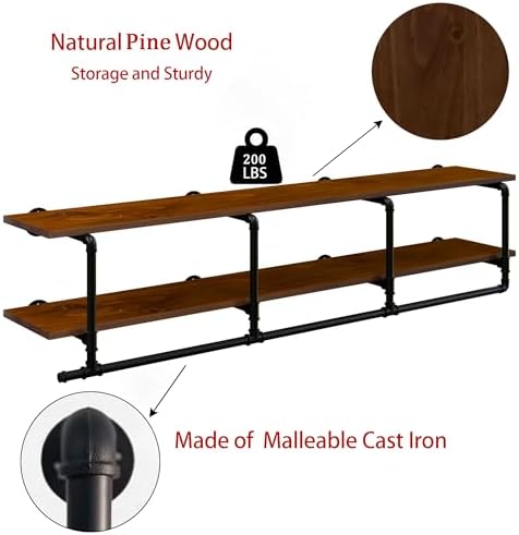 Wall Mounted Clothes Rack 12 Inch Deep, 72 Inch Heavy Duty Garment Rack with Real Walnut Wood Shelf, Multi-Purpose Hanging Rod & Space-Saving Closet Storage Organizer - Image 7