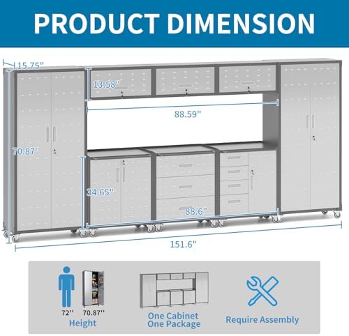 Garage Storage Cabinets System 8 PCS Workshop Set with Drawers Locking Heavy Duty Rolling Cart with Adjustable Shelves Garage Tool Workbench Cabinets (8 PCS) - Image 2