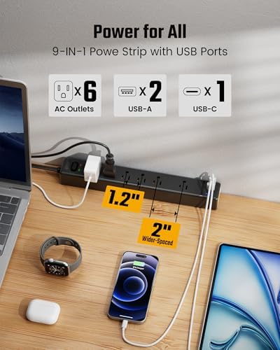 10Ft Long Extension Cord, SUPERDANNY Flat Plug Surge Protector Power Strip (Pack of 2) - Image 3