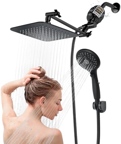 8'' Dual 20 Stage Filtered Shower Head with Handheld, 6 Spray Settings Handheld Shower Head High Pressure Rainfall Filter Combo with 12'' Adjustable Extension Arm, 71'' Shower Hose (Matte Black) by VXV