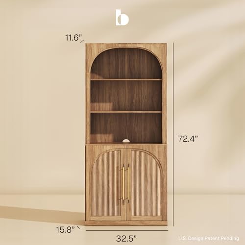 BELLEZE Storage Cabinet with Hutch Set of 2, 72" Tall Modern Wood Sideboard with 3-Tier Shelves, Curved Styling Door Cabinet Curio Cabinet for Office, Study, Kitchen, Living Room, Camel - Image 2