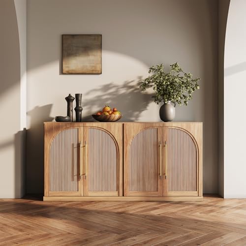 BELLEZE 65 Inch Sideboard Cabinet with Double-Arc Wood Doors, Large Buffet Cabinet with Storage and Adjustable Shelves, Classic Modern Console Table for Dining Room Living Room Entryway (Camel) by BELLEZE