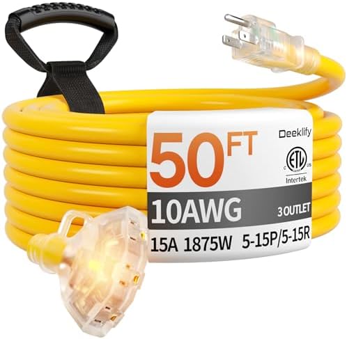 50FT 10 Gauge Extension Cord with Multiple Outlets Outdoor Yellow by Deeklify