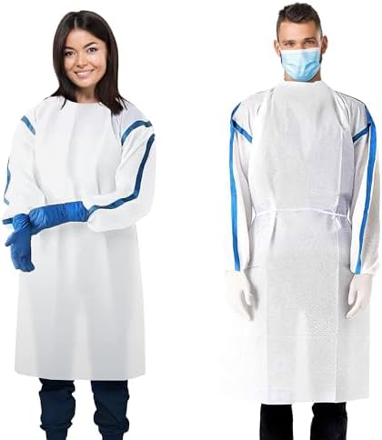 AMZ Medical Supply White Disposable Isolation Gown, Medium. 5 Pack 35 GSM SMS PPE Gowns. Personal Protective Equipment Gown. Medical Isolation Gowns with Sleeves, Neck & Waist Ties, Elastic Wrists by AMZMEDICALSUPPLY