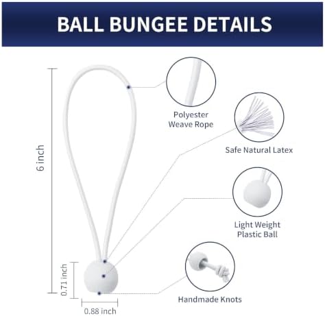 6 Inch Ball Bungee Cords, Heavy Duty UV Resistant Elastic Strap, Reusable Tie Down Cord with Balls, Indoor Outdoor Cords for Golf Net, Soccer Goals, Camping, Tent Poles, Hose (White, 20 Pack) - Image 2