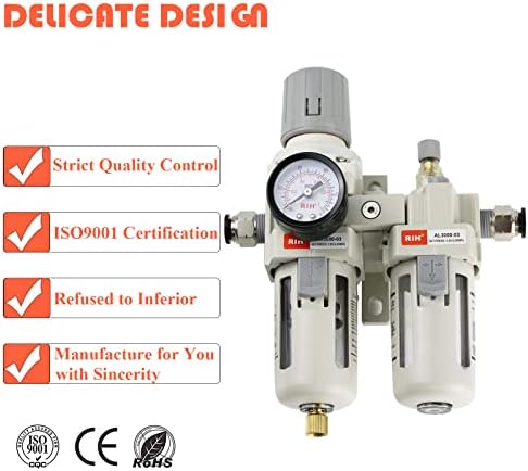 RIH Pneumatics 3/8" NPT Compressed Air Filter Regulator Lubricator Combo Water/Oil Trap Separator - Gauge(0-150 psi), Semi-Auto Drain, Poly Bowl,Bracket - 3 in 1 Two Unit (3/8" NPT) - Image 6