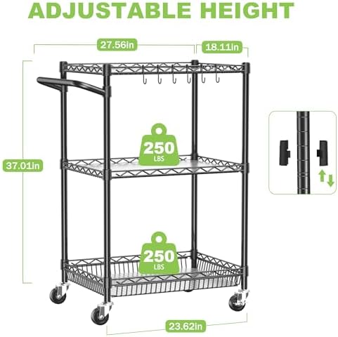 3 Tier Rolling Utility Metal Carts with Wheels Heavy Duty Cart 750Lbs - Image 2