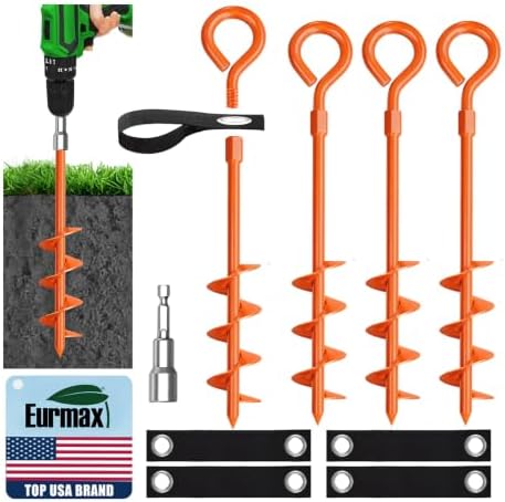 Eurmax USA 4 Pack Heavy Duty Ground Stakes&Anchors,Commercial Spiral Screw-in Trampoline Stakes with Reinforced Tie-Down Straps,High Wind Stabilizing Kit for Canopies,Outdoor Sheds,Swing Sets(Orange) by Eurmax