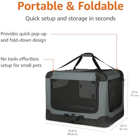 Amazon Basics 4-Door Portable Folding Soft Dog Crate, Collapsible Travel Kennel for Cat, Dog, and Small Animals, Pop Up with Fleece Mat, Water-Resistant Base, Grey, 36" x 24" x 24" - Image 4