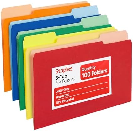 Staples Colored File Folders, Letter Size, 3-Tab Top-Tab, 100/Pk by Staples