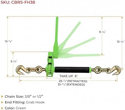 3/8"-1/2" Hi-Viz Green Heavy Duty Folding Handle Ratchet Load Binder w/Grab Hook 12,000 lbs WLL | Tie Down Hauling Chain Binders for Flatbed Truck Trailer - Image 6