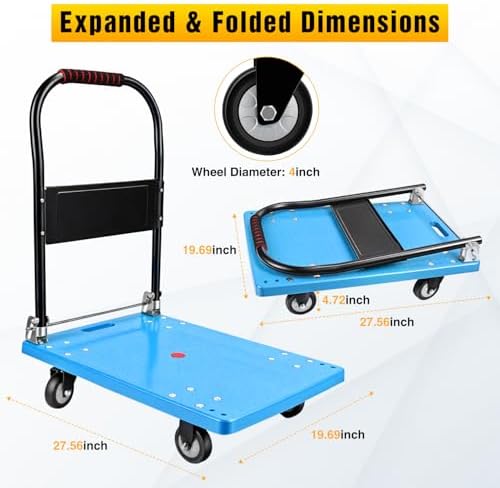 Platform Cart 330 lbs Heavy Duty Push Cart Dolly with 4-Inch TPR Wheels 27.6 x 19.7 Inch PP Deck Flatbed Cart Platform Truck for Home Garage Warehouse Use Black - Image 2