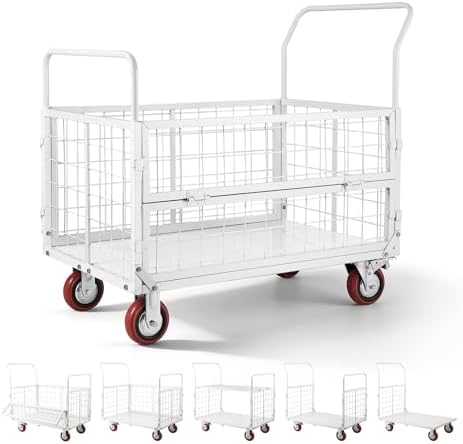 VEVOR Platform Truck Cart with Cage, 2000 lbs Capacity, 6-in-1 Foldable Flatbed Cart with Swivel Wheels, Heavy Duty Hand Truck, Multi-Functional Push Dolly, for Grocery Laundry, 44.5 x 26.6 x 42.1 in by VEVOR