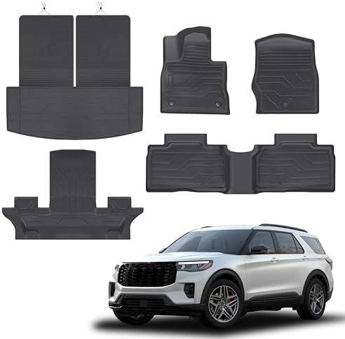 Floor Mats for Ford Explorer 2020-2024 2025 2026 6-Seat (2nd Row Captain Seat), Custom Fit TPE All Weather Floor Liners, 1st & 2nd Row & Cargo Mat & Backrest Mat Explorer Accessories by Partzer
