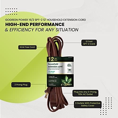 GoGreen Power (GG-24812) 16/2 12’ Household Extension Cord, 3 Outlets, Brown, 12 Ft - Image 5