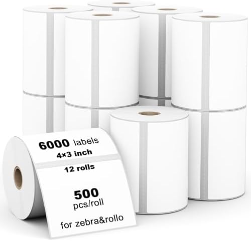 (6000 Labels 3-Proof 1" Core) Labelebal 12 Rolls 4" x 3" Direct Thermal Label (101mm x 76mm) Multipurpose Shipping Address Mailing Barcodes Stickers Compatible for Zebra & Rollo Desktop Label Printer by Labelebal