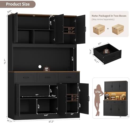 HOSTACK Kitchen Pantry Cabinet, Tall Kitchen Hutch Cabinet, Black/Brown - Image 3