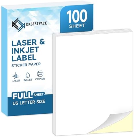 Full Sheets Sticker Paper – 100 Sheets, 8.5" x 11" Letter Size, for Inkjet & Laser Printers by KKBESTPACK