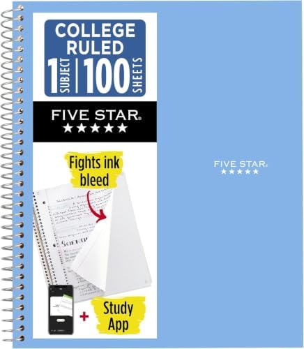 Five Star Spiral Notebook + Study App, 1 Subject, College Ruled Paper, 8-1/2" x 11", 100 Sheets, Fights Ink Bleed, Water Resistant Cover, Pacific Blue (72565) (Pack of 12) by FiveStar