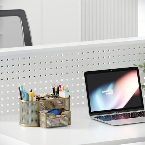 EasyPAG Mesh Pen Holder Desk Organizer with Drawer Stationery Supplies Organizer for Dorm School 9 Compartments Workspace Desk Accessories Organization for Office, Gold - Image 5