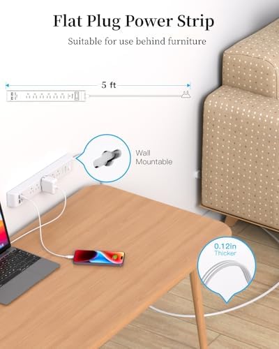 2 Pack Power Strip, Extension Cord 5FT, Surge Protector with 6 Outlets and 4 USB Ports (2 USB C), Flat Plug Overload Protection, Extension Cord with Multiple Outlets, Wall Mount for Home Dorm College - Image 2