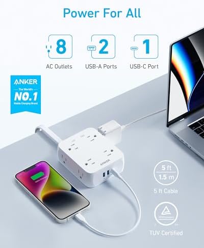 Anker Surge Protector Flat Plug Power Strip 2000J, 5ft Thin Extension Cord, 8 Outlets,2 USB A and 1 USB C Port,20W for iPhone15,Wall Mount,Compact for Home,Office,Room,TUV Listed (Pack of 2) - Image 2