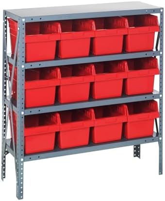 Quantum Storage Systems 1239-SB807RD Shelving Unit, 12" D x 36" L x 39" H, Carbon Steel, Galvanized with Red Bins by QuantumStorageSystems