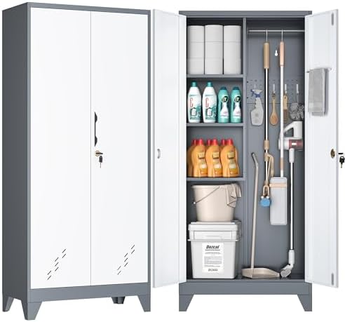 Metal Garage Storage Cabinets with Lock- 61" Tall Broom Closet Storage Cabinet & Pantry Organizer for Laundry Room, Home Office, Gym, School by ZONLESON