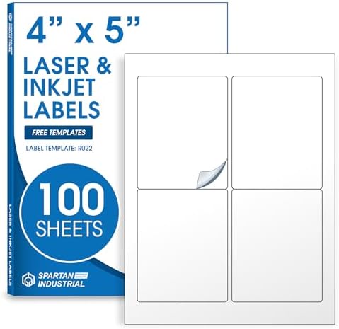 4" X 5" Matte White Printable Shipping Labels (100 Sheets, 400 Stickers) by SpartanIndustrial