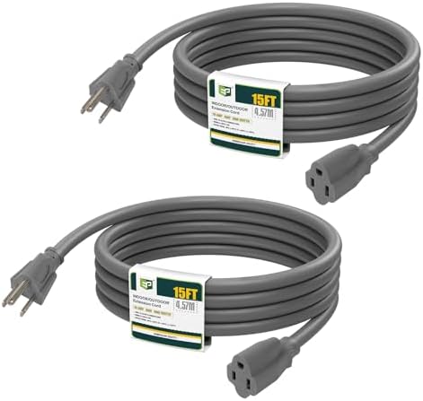EP 15 FT Outdoor Extension Cord, 16/3 SJTW Heavy Duty Grey 2PK, ETL Listed by ENERGYPRO