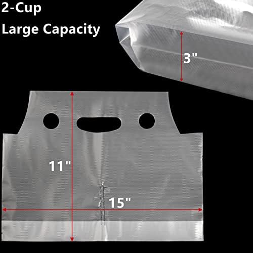 DEAYOU 200 PCS Handle Drinking Poly Bag, Clear Plastic Drink Packaging Bag for Delivery, 15" L x 11" H Hanging Hole Cup Carrier Container with Handle for Take Out, Beverage, Hold 2 Cup, 33 OZ of Each - Image 2