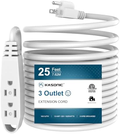 K KASONIC 25 FT 3 Outlet Extension Cord, 16/3 SJTW Grounded Cord, White by KASONIC
