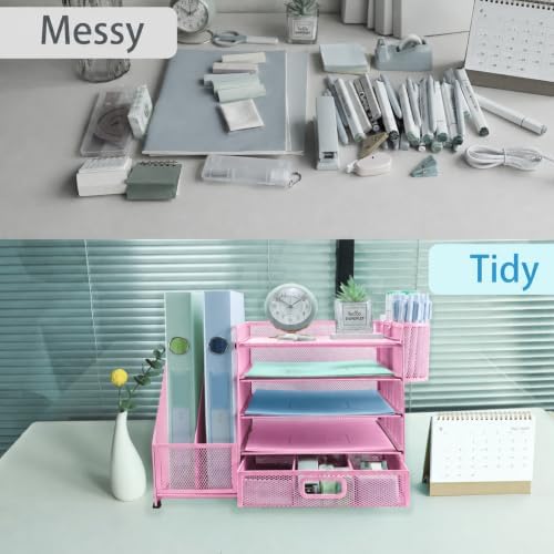Desk Organizers and Accessories with File Holder, 5-Tier Paper Letter Tray Organiser with Drawer and 2 Pen Holder, Mesh Desktop Document Organizer for Office Supplies, Workspace - Pink - Image 5