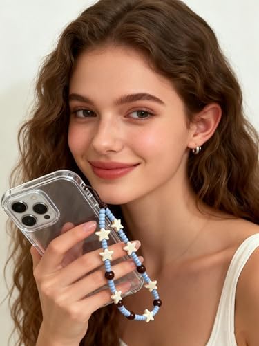 2 Pcs Phone Charm Strap Hand for iPhone Wrist Strap Camera Lanyard Pearl Beaded Cute Chain String Accessories Universal for iPhone 17 Pro Max 16 15 Samsung Women Girls Keychain Little Flower and Blue - Image 6