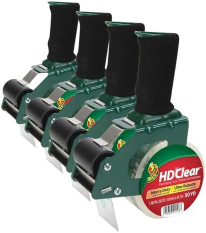 Duck HD Clear Packing Tape Dispenser Heavy Duty Packaging Tape Gun for Packing Boxes, Shipping and Moving - Includes 1 Refill Roll of HD Clear 1.88 in. x 50 Yards - Foam Handle (287398) (Pack of 4) by DuckBrand