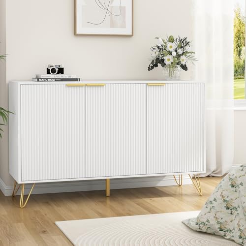 Storage Cabinet with 3 Fluted Doors and Adjustable Shelves, White丨Modern Wood Accent Table, Sideboard Buffet Cabinet, Console Table for Living Room, Hallway, Entryway - Image 6