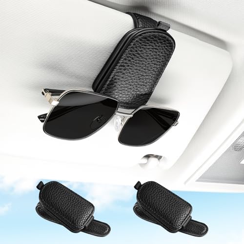 SINGARO 2PCS Sunglasses Holder for Car, Leather Magnetic Buckle Sun Visor Sunglass Clip, Ticket Card Storage Glasses Clip, Car Interior Accessories for Men and Women（Black） by SINGARO