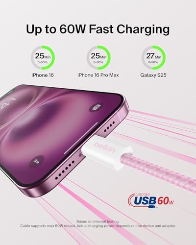 Belkin USB C to USB C 60W Braided Cable 6.6ft iPhone Charger Cord - Image 2